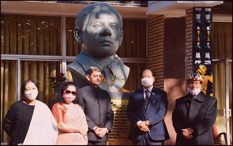 Guv Ravi with Jamir and CM Rio while Unveiling bust of Dr Imkongliba Ao